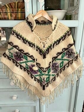 Vintage Cream Knit Poncho with Purple & Green Floral Accents